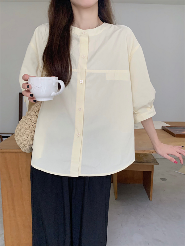 Plus Size Mandarin Collar Button Down 3/4 Sleeve Shirt