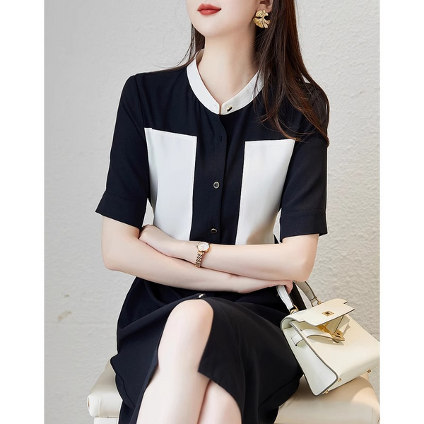 Plus Size Mandarin Collar Buttons Office Dress