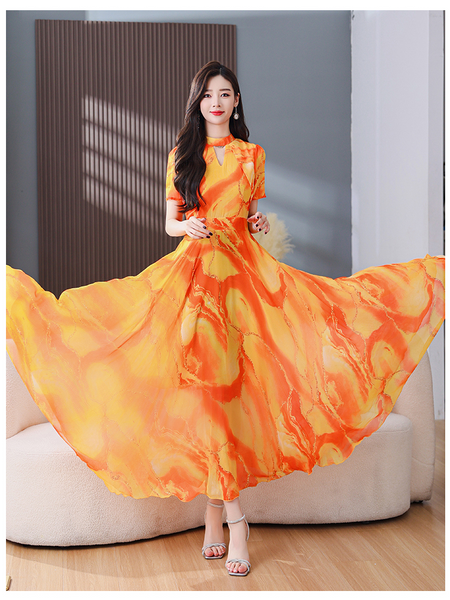 Plus Size Marble Orange Chiffon Circle Dress – Pluspreorder