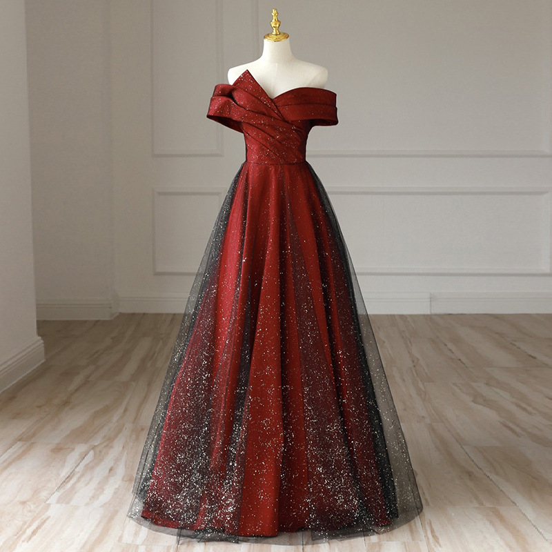 Plus Size Maroon Red Off Shoulder A Line Gown