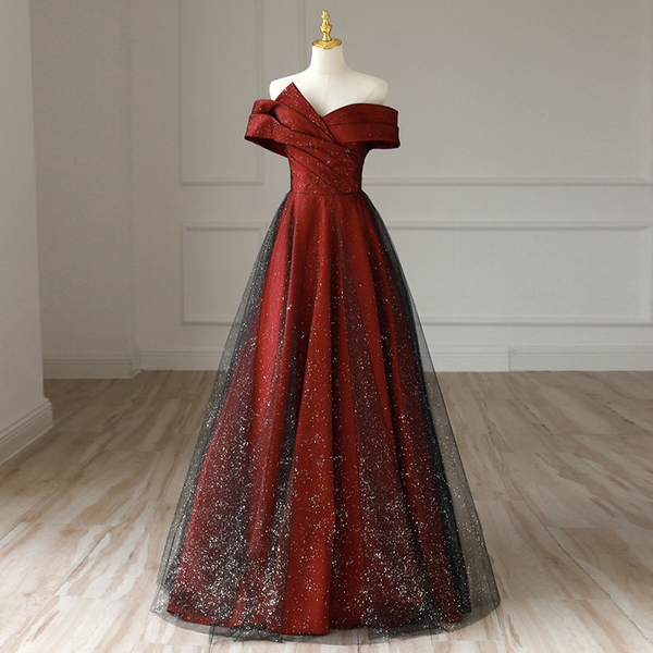 Plus Size Maroon Red Off Shoulder A Line Gown