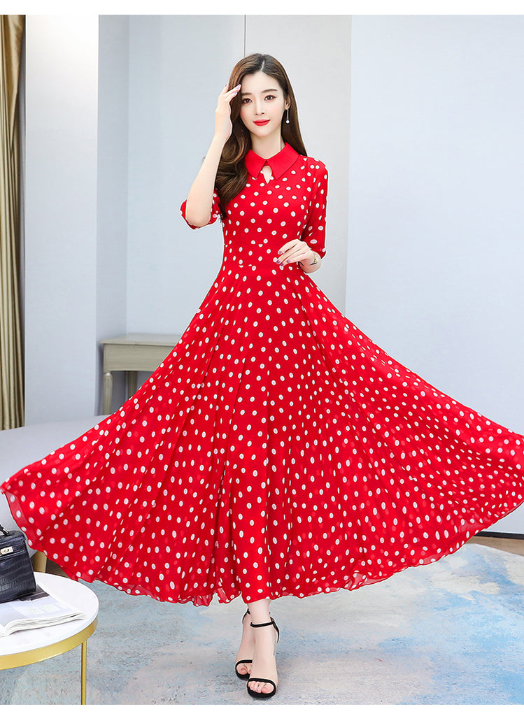 M-4XL) Plus Size Black Red Polka Dots Chiffon Midi Maxi Shirt Dress –  Pluspreorder