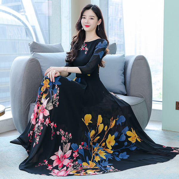 chinese dress ladies M-4XL) Plus Size Black Botanics Floral Chiffon Midi Maxi Dress –  Pluspreorder