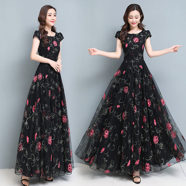 (S-3XL) Plus Size Floral Embroidery Dressy Midi Maxi Dress