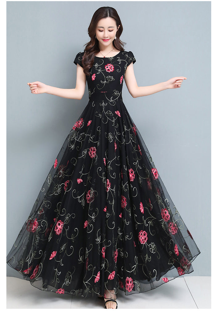 floor length embroidered dress Long Tulle Prom Ball Gown with Embroidery main image 1