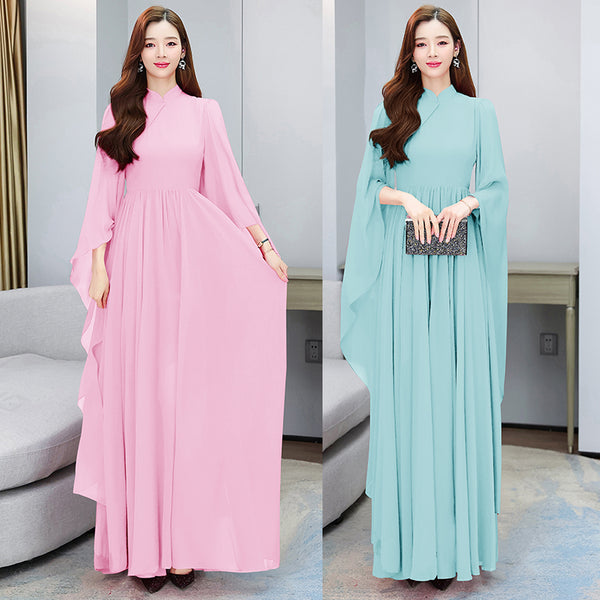 Plus Size Cheongsam Long Sleeve Gown - Pink, Green
