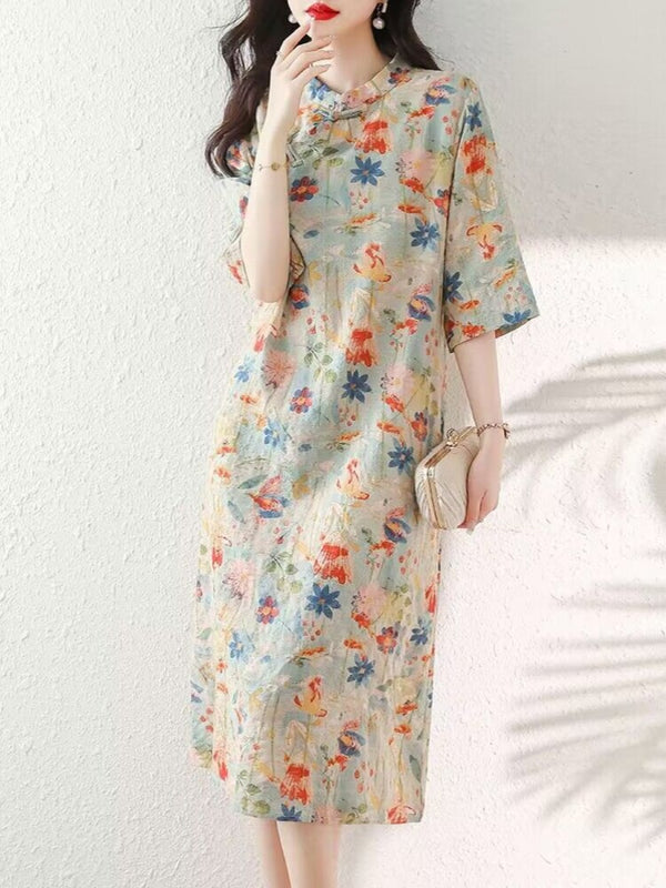 (M-2XL) Plus Size Floral Midi Shift Qipao Dress