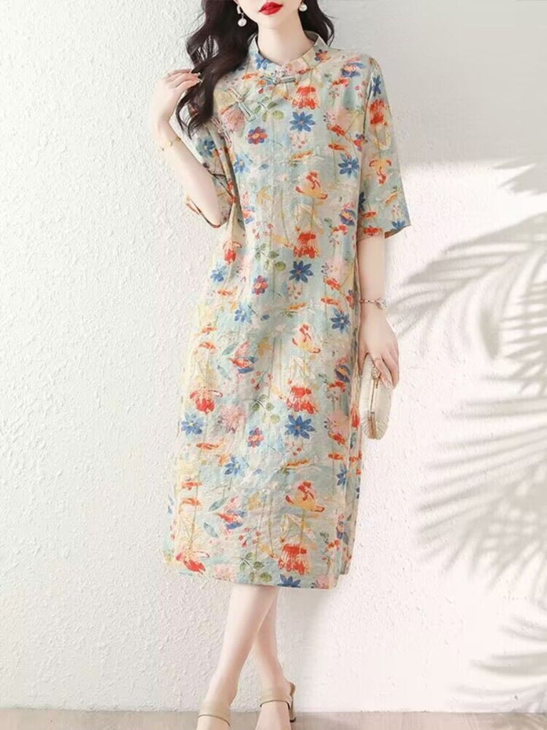 chiffon shift midi dress M-2XL) Plus Size Floral Midi Shift Qipao Dress – Pluspreorder
