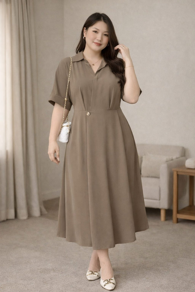 plus size khaki midi shirt wrap dress front view