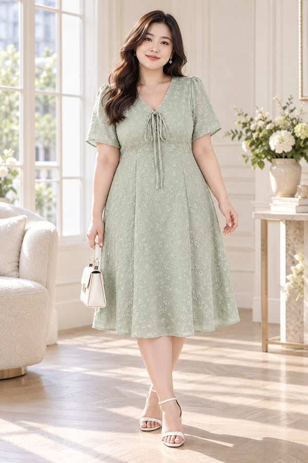 Plus size mint green floral V-neck midi dress front view