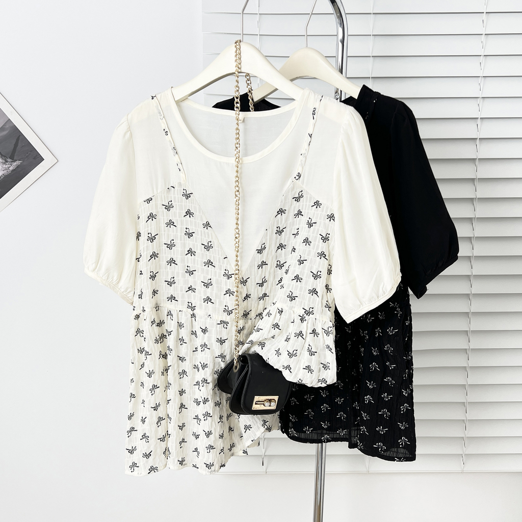 Plus Size Mock 2 Piece Ribbon Korean Blouse
