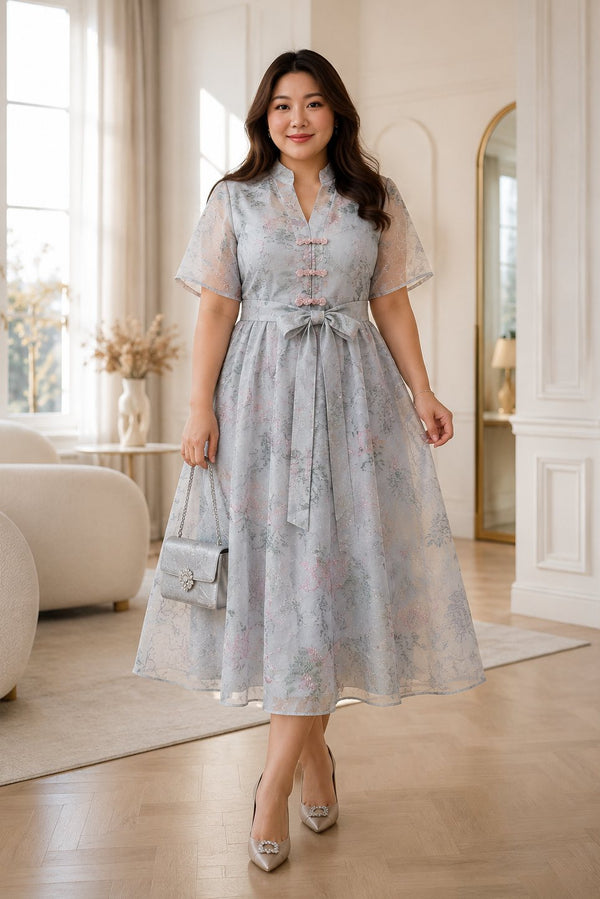 Plus size modern A-line qipao midi dress front view