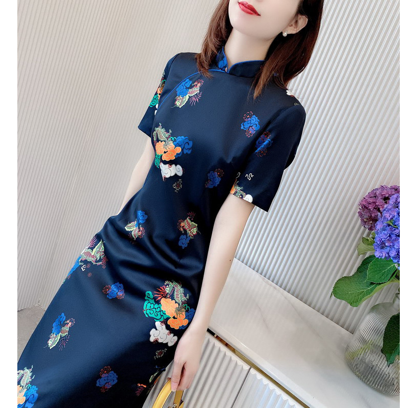 Plus Size Modern Blue Print Cheongsam