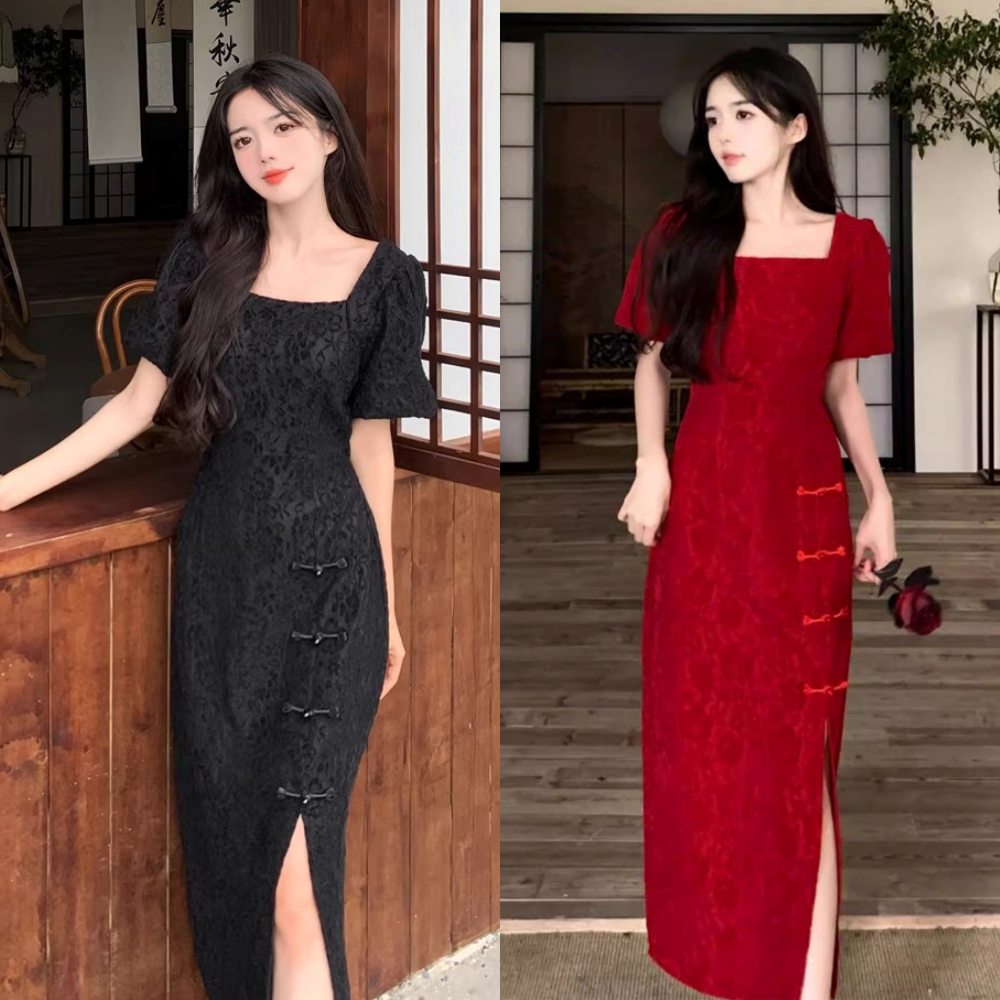 Plus Size Square Neck Modern Qipao Midi Dress