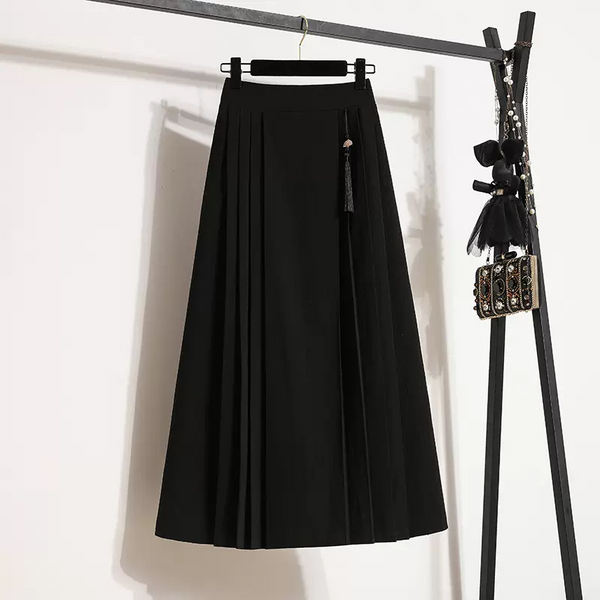 Plus Size Modern Chinese Button Pleat Midi Skirt