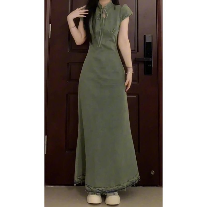 Plus Size Modern Denim Cheongsam Maxi Dress