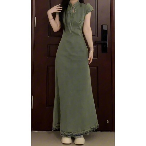 Plus Size Modern Denim Cheongsam Maxi Dress