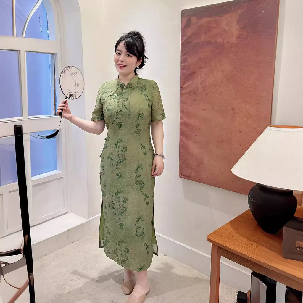 Plus Size Modern Green Midi Cheongsam