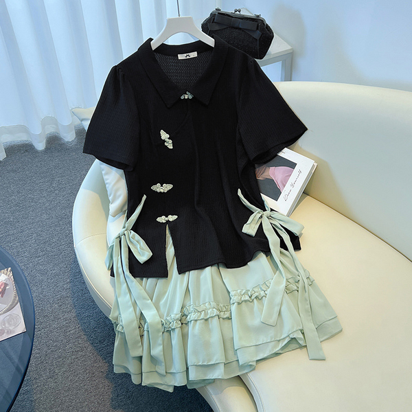 Plus Size Modern Qipao Blouse And Pastel Green Flounce Mini Skirt (EXTRA BIG)