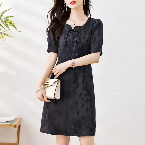 Plus Size Black Square Neck Shift Short Sleeve Qipao Dress