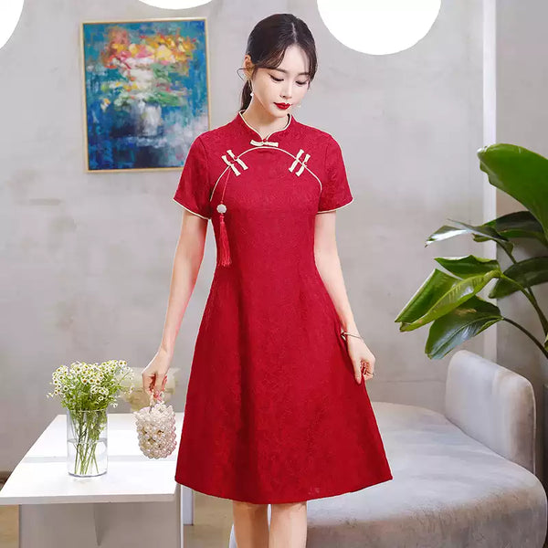 Plus Size Modern Red Short Sleeve A-Line Qipao Dress