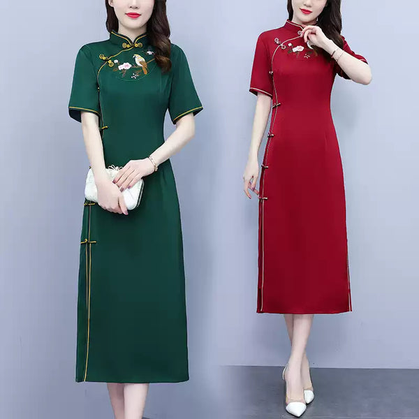 Plus Size Embroidery Formal Short Sleeve Midi Qipao Dress