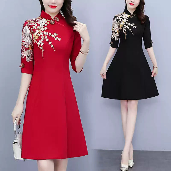Plus Size Embroidery Formal Short Sleeve Midi Qipao Dress