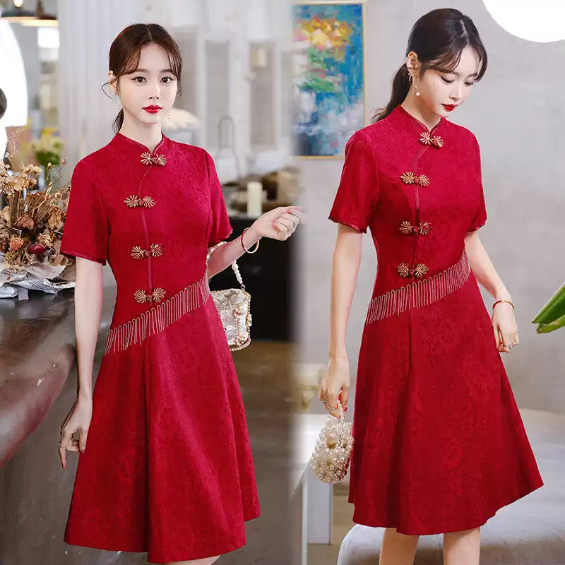 Plus Size Modern Bias Chain Red A-Line Short Sleeve Qipao Dress