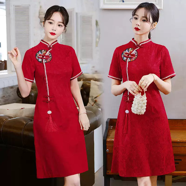 Plus Size Embroidery Tassel Elaborate Short Sleeve Qipao Dress