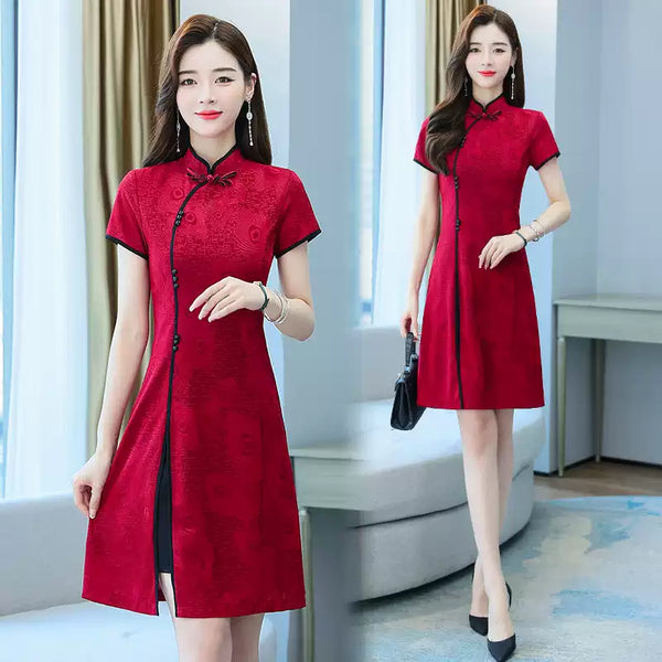 Plus Size Red Modern Short Sleeve Qipao Dress