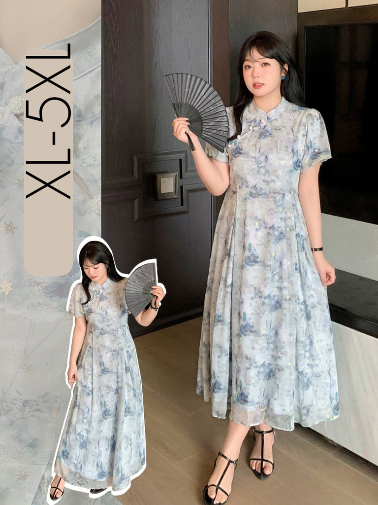 Plus Size Blue Print Short Sleeve Cheongsam Dress