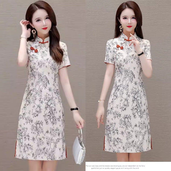 Plus Size Modern White Sketch Print Cheongsam Dress (EXTRA BIG SIZE)