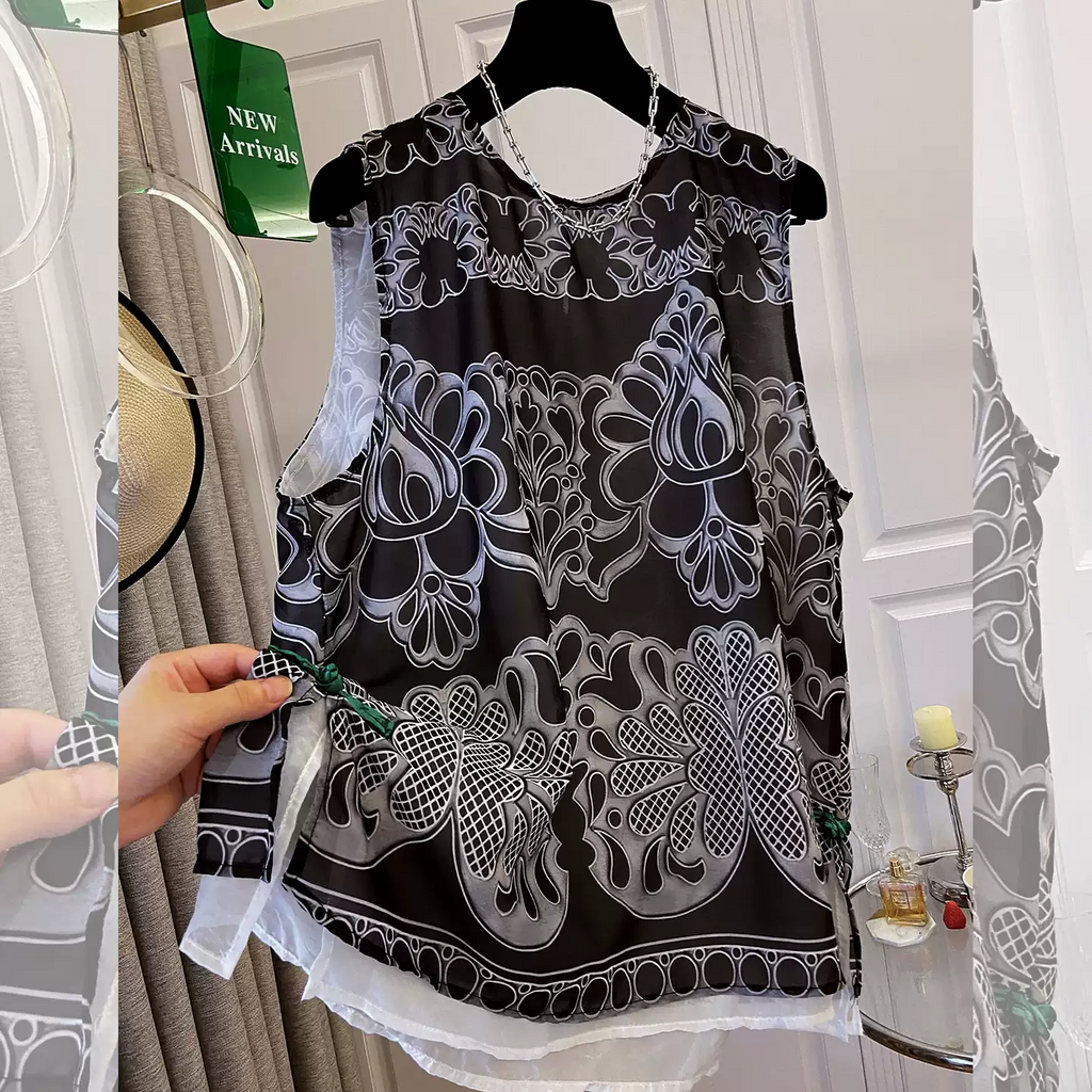 Plus Size Monochrome Print U Neck Loose Tank Top