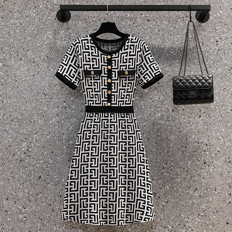Plus Size Chanel-esque Monogram Round Neck Buttons Dress