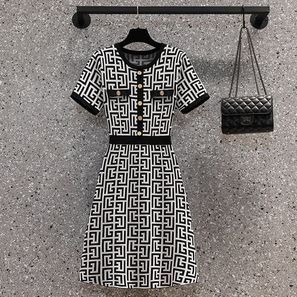 Plus Size Chanel-esque Monogram Round Neck Buttons Dress