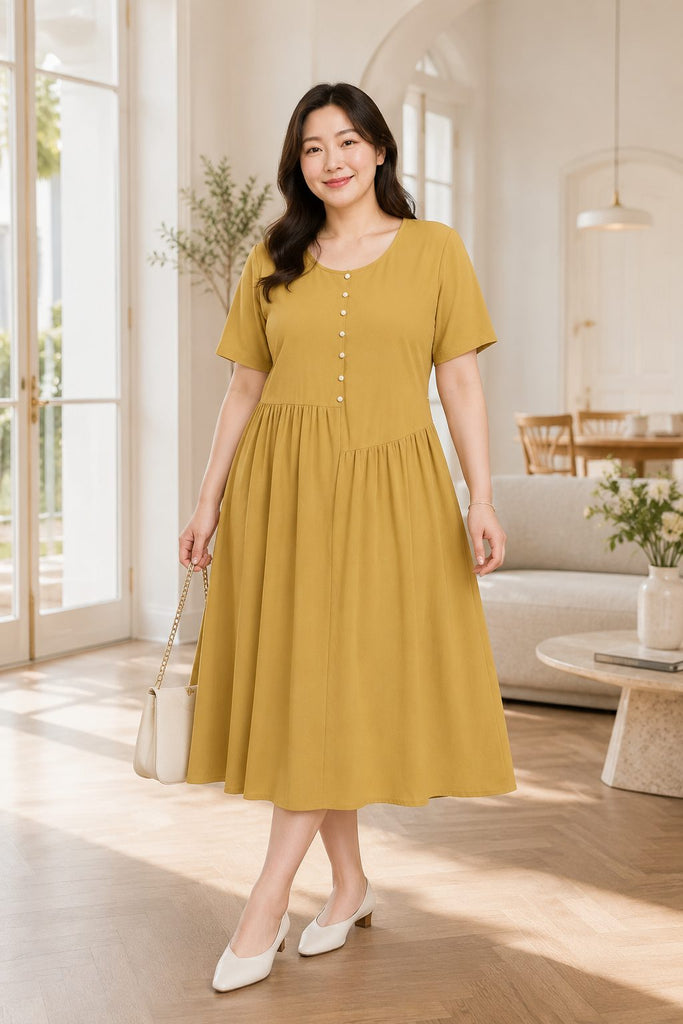 Plus size mustard yellow babydoll short sleeve midi dress front view