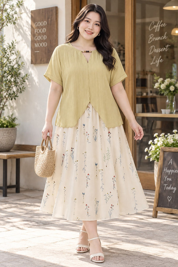 Plus size mustard yellow blouse and cream floral A-line midi skirt set