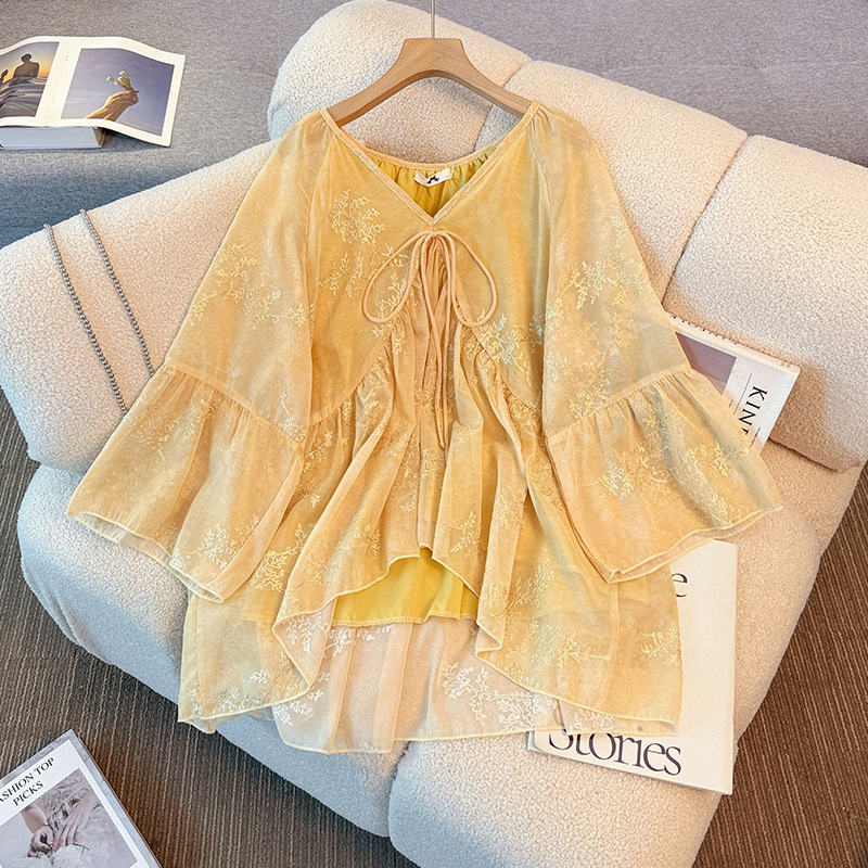 Plus Size Mustard Yellow Boho Embroidery Loose Blouse (Extra Big Size)