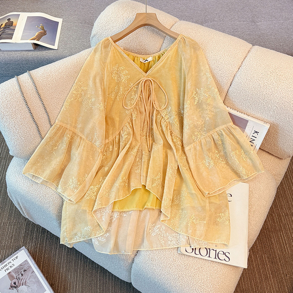 Plus Size Mustard Yellow Boho Embroidery Loose Blouse (Extra Big Size)