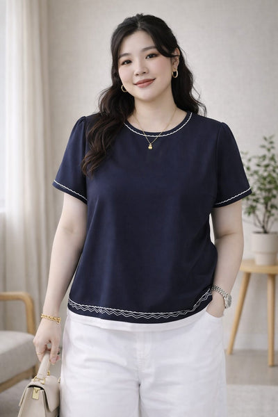 plus size navy blouse embroidery trim round neck front view