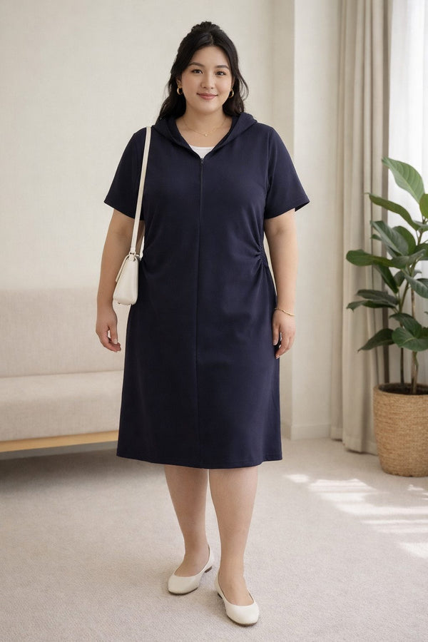 Plus Size Hoodie Dress – Short Sleeve Ruched Waist