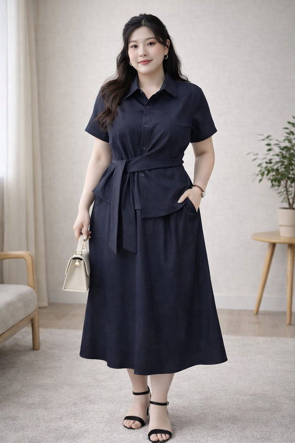 Plus Size Mock Denim Two-Piece Set – Peplum Blouse & A-Line Midi Skirt