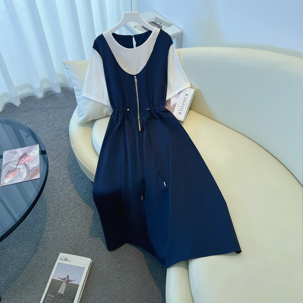 Plus Size Navy Pinafore Layered Short Sleeve Dress (EXTRA BIG SIZE)