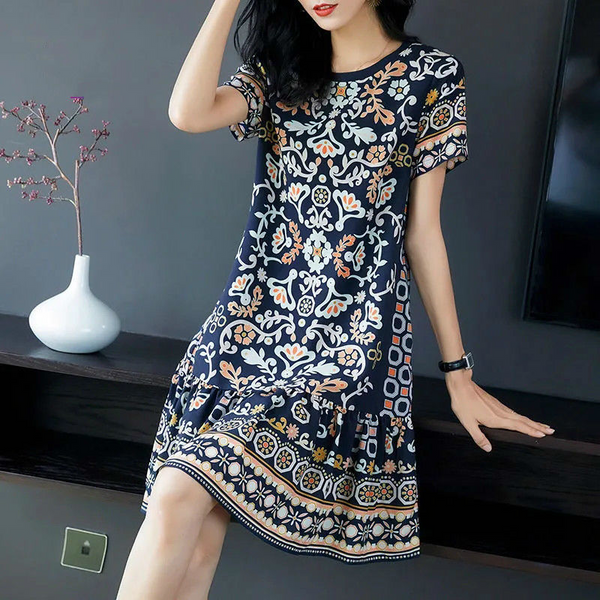 Plus Size Navy Print Drop Waist Dress