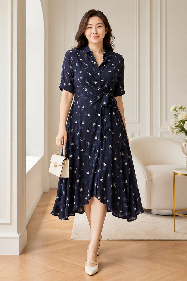 Plus size navy swan print midi shirt dress front view