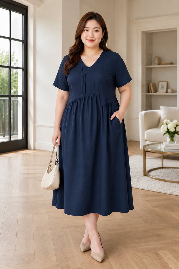Plus size navy V-neck babydoll midi dress front view