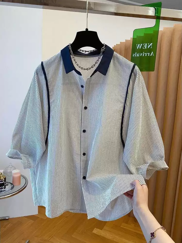 Plus Size Navy Vertical Stripes Loose Shirt (EXTRA BIG SIZE)