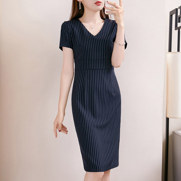 Plus Size Navy Vertical Stripes V Neck Pencil Dress