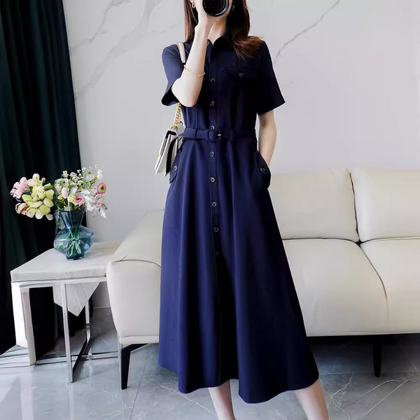 Plus Size Navy Work Belted Short Sleeve A Line Shirt Dress
