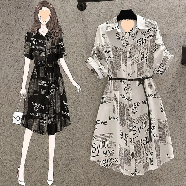 Plus Size Newspaper Print Shirt Dress